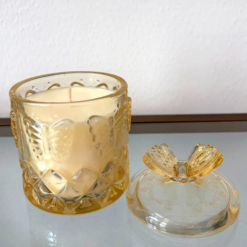 Laura Ashley BUTTERFY MEADOW Soy Blend Candle in Decorative Yellow Jar w/ Lid